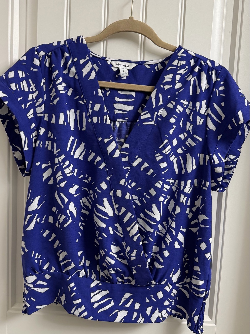 Nine West Royal Blue & White Abstract Wrap-Front Blouse